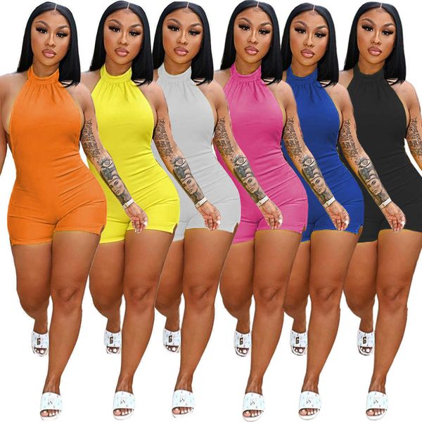 

cl255 women's solid color hanging neck backless one-piece shorts, White