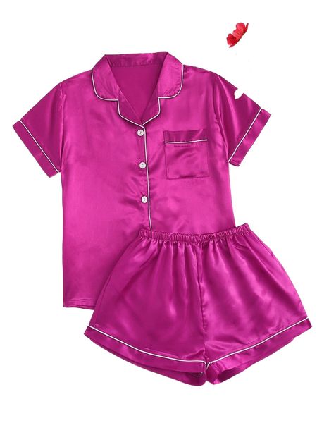

neon pink contrast binding satin pajama set f942#, Black;red