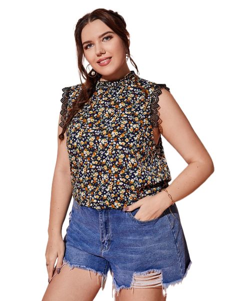 

plus ditsy floral frill neck contrast guipure lace blouse 79tg#, Black