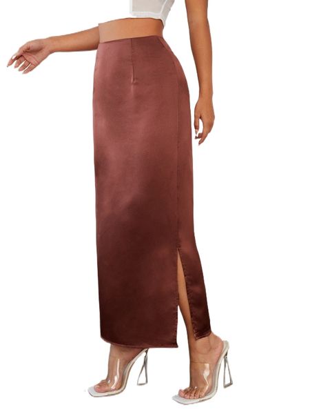 

zipper side split hem straight satin skirt 05l7#, Black