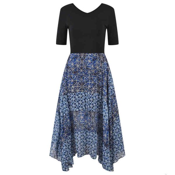 

two piece dress french stitching irregular high waist thin short sleeve v-neck dress summer blue print jiqa, White