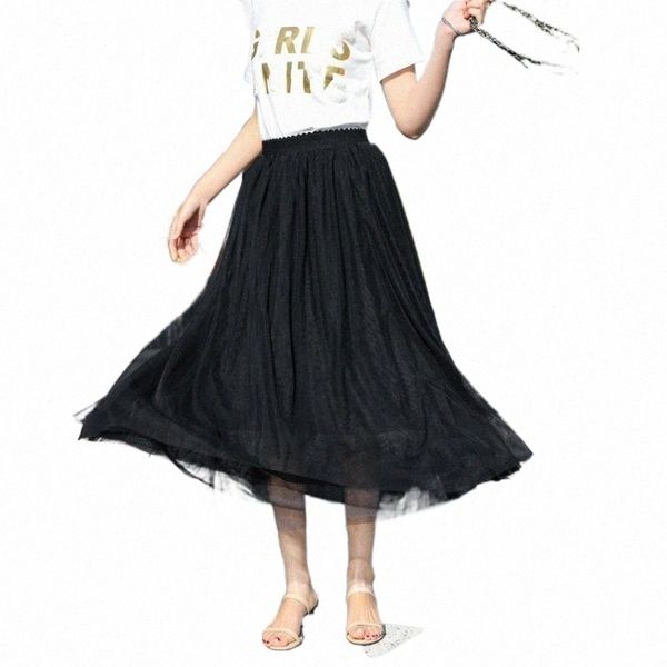 

skirts tulle skirt women pleated long summer saias high street layers elastic / waist 2022 elegant fashion midi mesh faldas1 i3iz#, Black