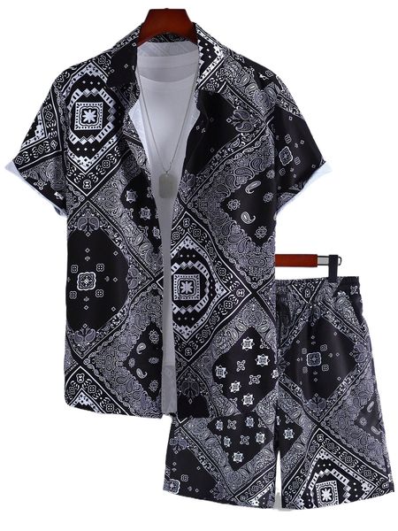 

men random scarf print shirt & shorts without tee 68o5#, Gray