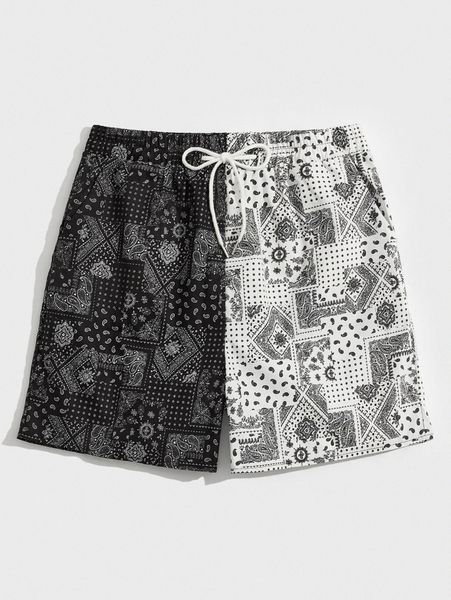 

romwe guys color-block paisley print shorts z1s7#, White;black