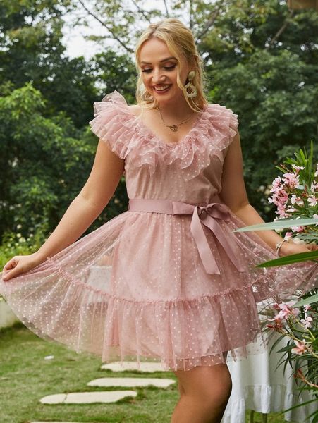 

simplee plus ruffle trim belted flounce hem swiss dot dress n2x0#, Black