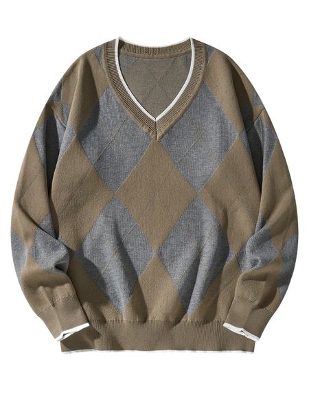 

men argyle pattern striped trim sweater c7r0#, White;black