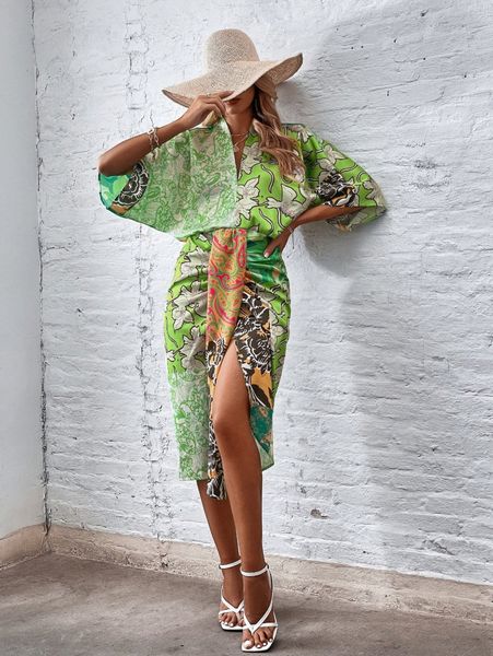 

floral & paisley print v neck batwing sleeve dress x2zz#, Black;gray