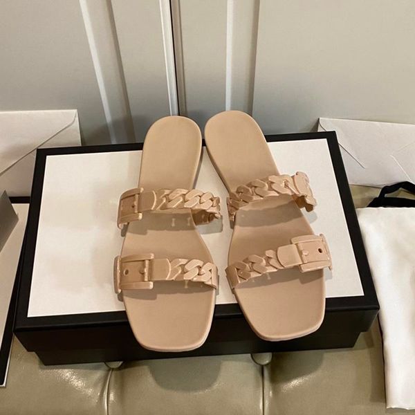 

designer brand women slippers designers plastic chain jelly sandals summer lady solid flat slides fashion patent leather stylist sandal, Black