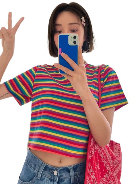 

dazy colorful striped crop tee y3j9#, White