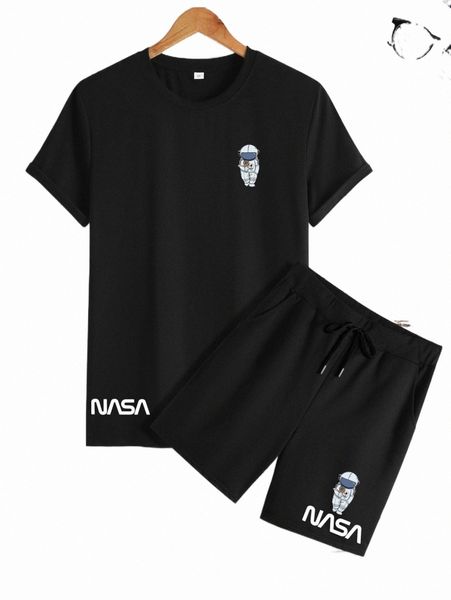 

men letter & astronaut print tee & drawstring waist shorts r7kc#, Gray