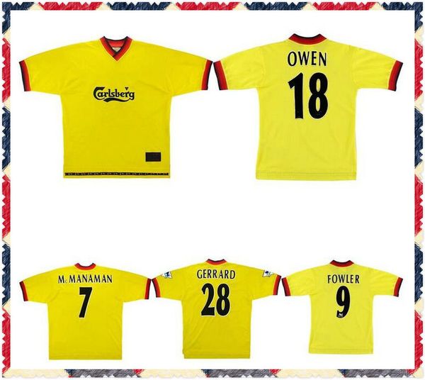 

1997 19998 1999 mcmanaman owen retro soccer jersey 97 99 gerrard carragher berger redknapp ince classic vintagefootball shirt, Black;yellow