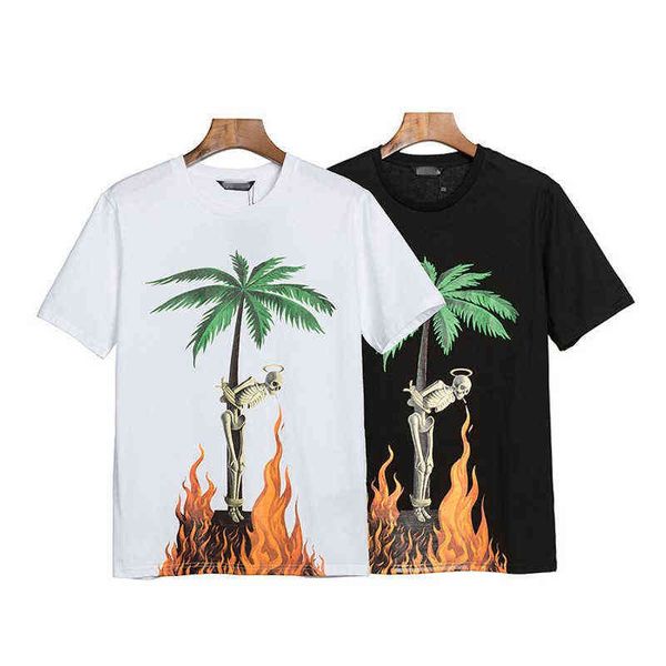 

trend t shir plamangles fashion shirs chao brand flame skull prin t-shir loose men's and women's leers shor sleeve, White;black