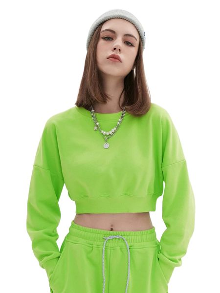 

neon green drop shoulder crop pullover v1he#, Black
