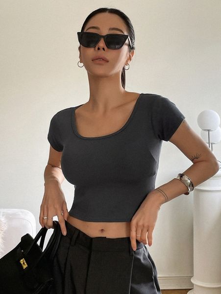 

dazy scoop neck rib-knit crop tee x7es#, White