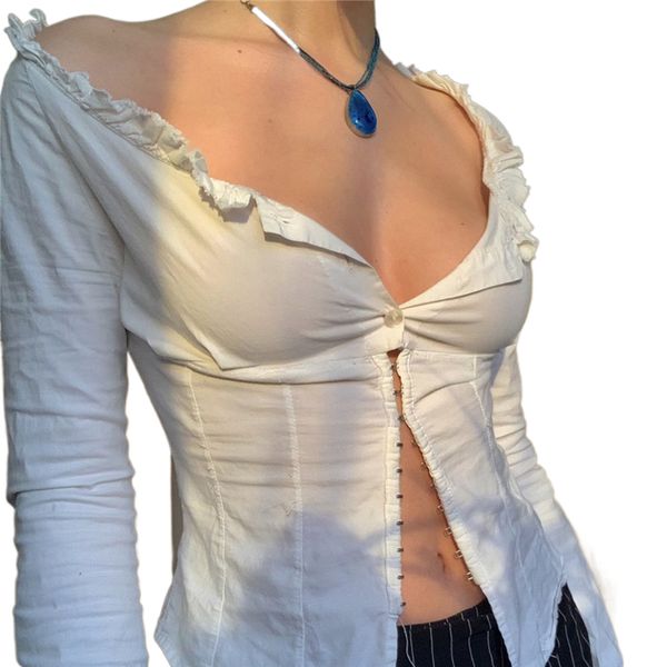 

xingqing y2k 2000s fairycore t shirt women cardigan clothes solid color long sleeve ruffles with buckle korean fashion tees 220714, White