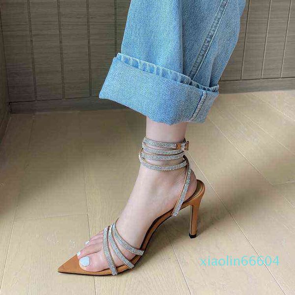 Stilista Scarpe da donna Stivali Estate Sexy Sandali avvolgenti Moda a punta Sottile Sandalo con tacco alto Cinturino con cinturino ad anello Scarpe romane