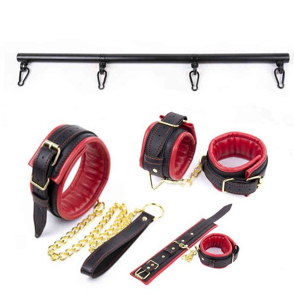 Nxy SM-Bondage-Spreizstange aus Edelstahl mit PU-Leder, gepolsterte Handschelle, Knöchelmanschettenkragen, abschließbares Bdsm-Sexsklaven-Rückhalteset für Paare220419