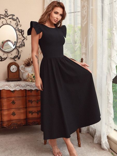 

ruffle armhole solid dress s9qh#, Black;gray