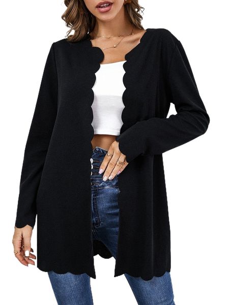 

scallop trim open front coat g1ux#, Black