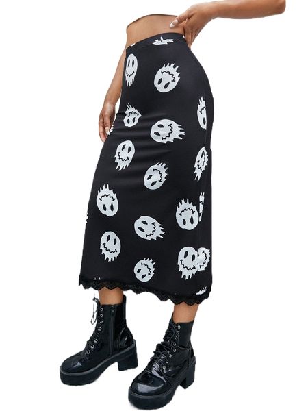 

x. joyandelle ex.pression print l.ace trim s.kirt z8l9#, Black