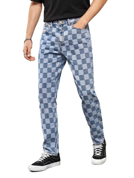 

men checkered print tapered jeans 37w6#, Blue