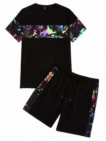 

men reflective splash ink print tee & drawstring waist shorts k74o#, Gray