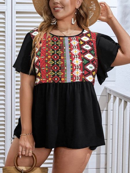 

plus geo print butterfly sleeve peplum blouse o16w#, Black