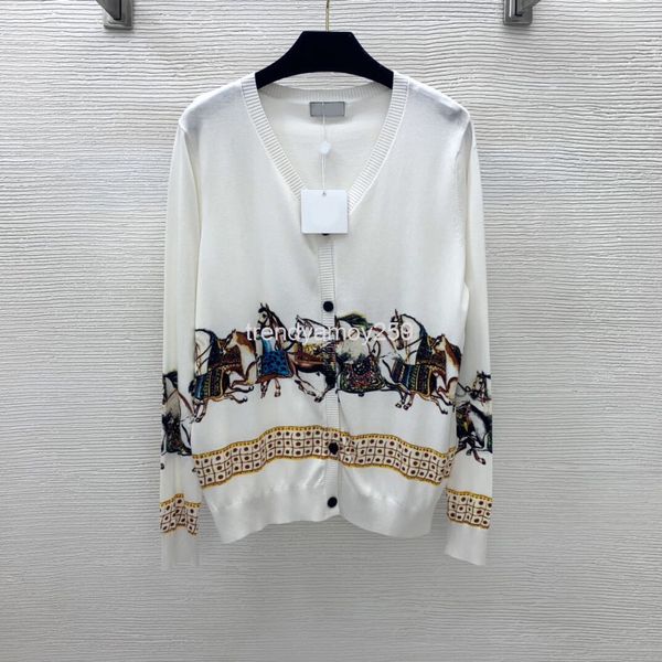 

women's knits & tees quality women's wool blend simple and generous horse pattern printed v-neck knitted cardigan thin coat, White