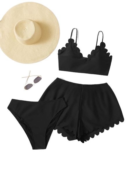 

plus 3pack scallop trim high waist bikini swimsuit & beach shorts l6bl#, White;black