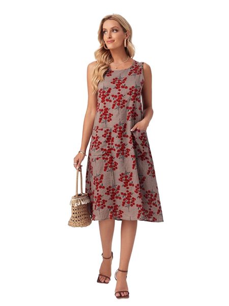 

emery rose floral print dual pocket tunic dress o25d#, Black;gray