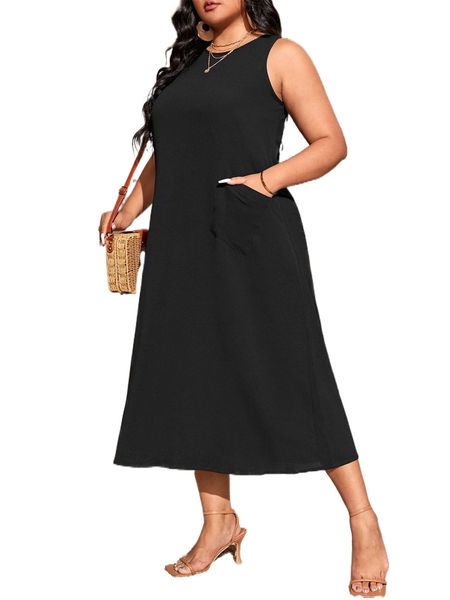 

plus pocket detail keyhole back tank dress m3c5#, Black