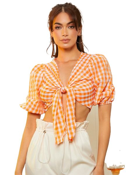 

gingham puff sleeve knotted crop a5ja#, White