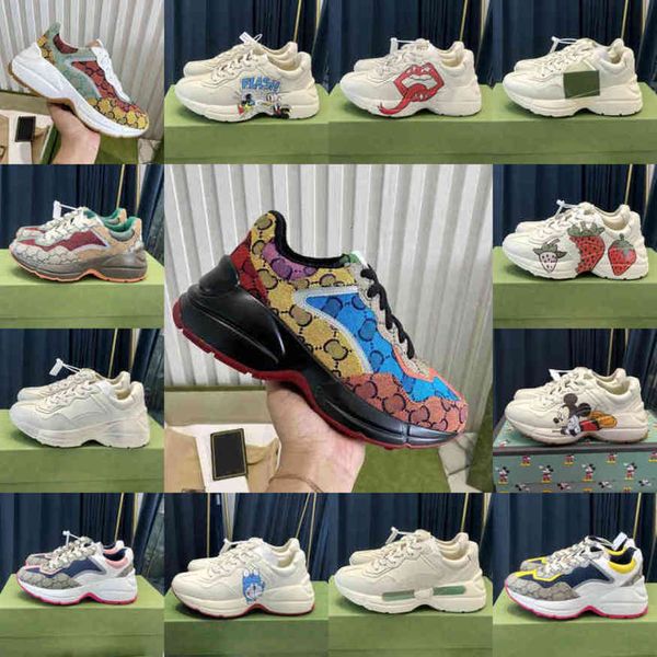 

luxury designer rhyton casual shoes beige men sneakers vintage chaussures ladies trainers strawberry wave mouth sneaker dad shoe size 35-46, Black
