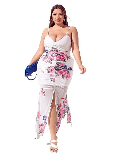 

plus floral print ruched slit front mesh cami dress v9us#, Black