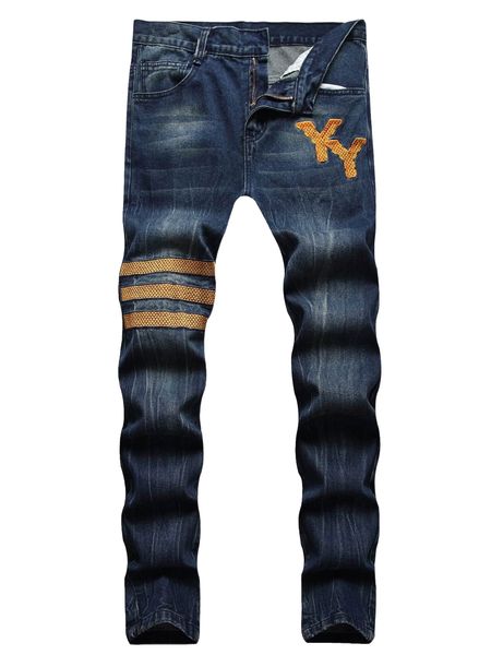 

men striped & letter embroidered slim straight jeans c9q3#, Blue