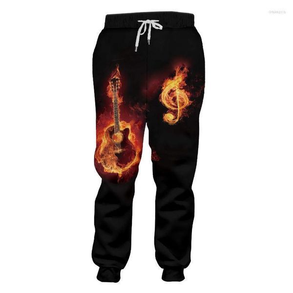 Calças masculinas vendem calças de moletom 3D Símbolo musical de guitarra impressa de chamas unissex moda moda masculino esportivo hip hop cool calças drak22