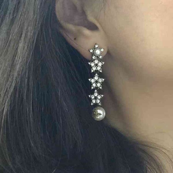 

design jewel ornament charm earring pearl five pointed star water drill earrings brass earrings 925 silver needle earrings, Golden