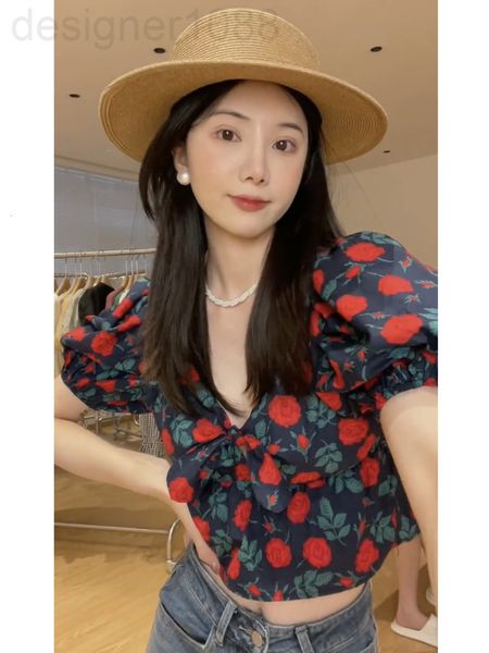 

women's blouses & shirts designer 22 spring and summer new niche design sense french v-neck rose broken flower bubble sleeve short shir, White