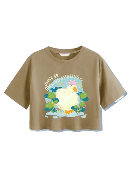 

romwe x eggmart duck print crop tee 05op#, White