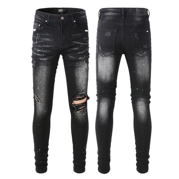 

black ripped painted jeans for man guys denim mens skinny biker slim knee spray on damaged distressed fit street with hole long straight zip, Blue