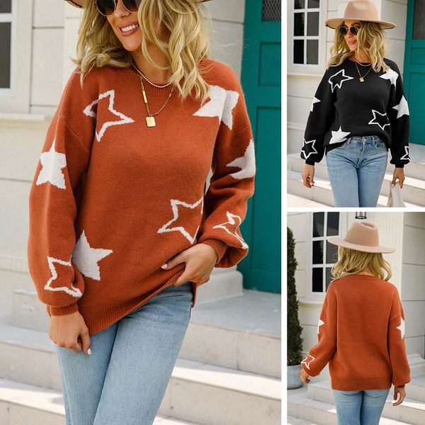 

women's knits & tees round neck pentagram large size pullover knitted sweater loose stitching lantern sleeves polyester tees street hip, White