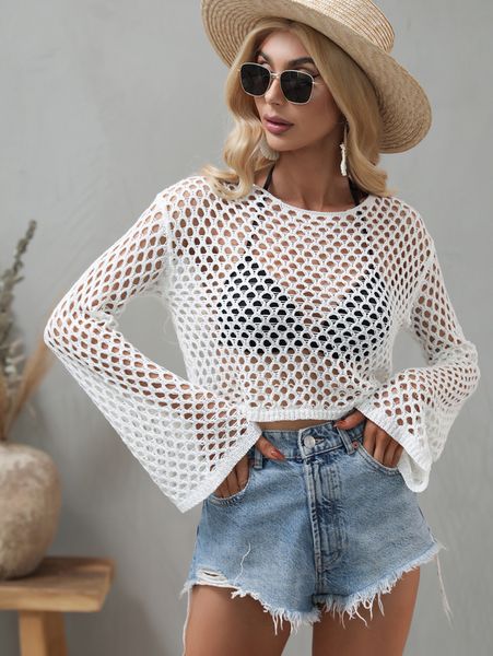 

maycaur spring and summer pullover knitted sweater trumpet sleeve loose round neck hollow sweater women 220815, White;black