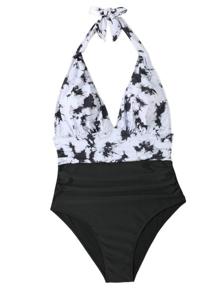 

plus tie dye halter one piece swimsuit 694w#, White;black