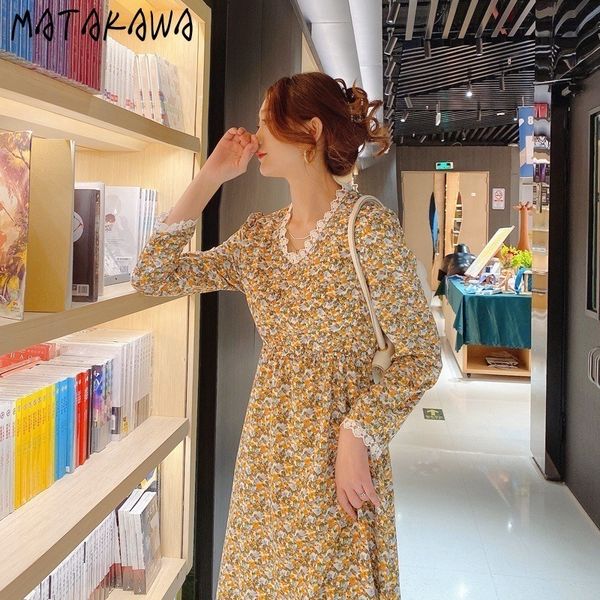 

lace waist chiffon long femme robe spring print floral womens dress small fresh longsleeved vestido 210506, Black;gray