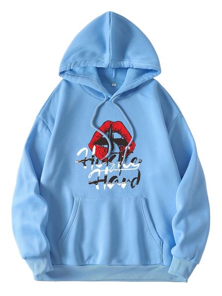 

lip & letter graphic drawstring kangaroo pocket hoodie k5pr#, Black