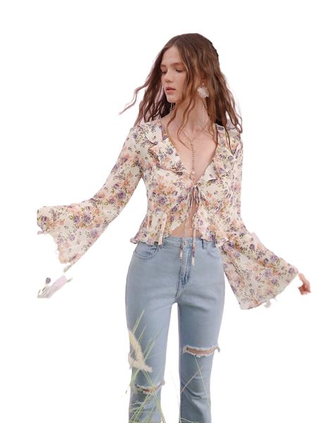 

mod floral print ruffle trim knot front flounce sleeve blouse j9ah#, White