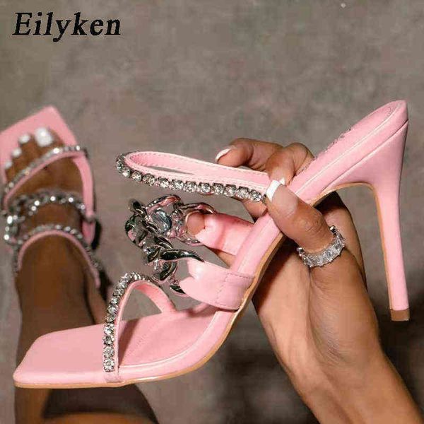 

slippers eilyken 2022 new summer women high heel chain crystal stilettos pumps sandals square toe ladies shoes 220329, Black
