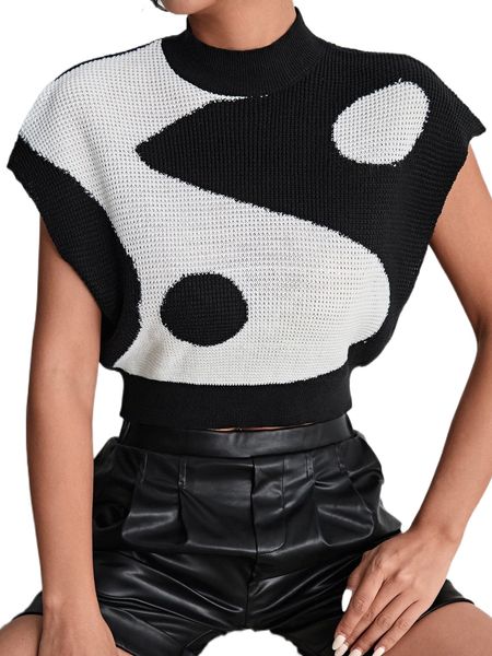 

yin & yang pattern sweater vest 01mt#, White;black