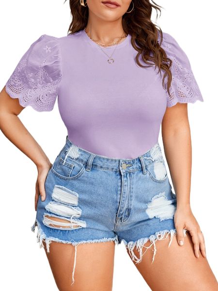 

plus puff sleeve eyelet embroidery tee g6qo#, Black