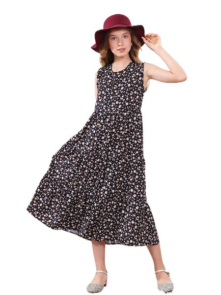 

girls ditsy floral print ruffle hem dress 594q#, Black;white